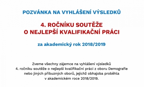Česká demografická společnost si vás dovoluje pozvat na vyhlášení výsledků 4. ročníku „Soutěže o nejlepší kvalifikační práci“ za akademický rok 2018/2019!